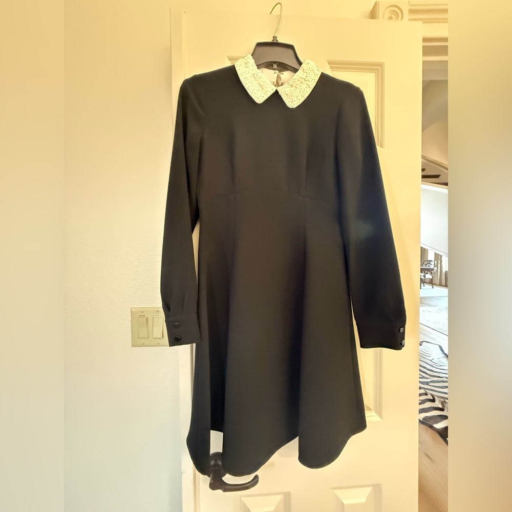 Kate Spade Do Wonders BNWT Black Crepe Dress w/white flowered sequined collar.